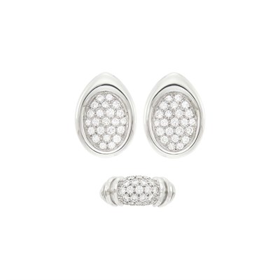 Lot 61 - Pair of White Gold and Diamond Earclips and Henry Dunay Hammered White Gold and Diamond Ring