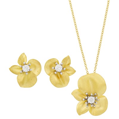 Lot 119 - Pair of Gold and Diamond Flower Earrings and Pendant with Chain Necklace