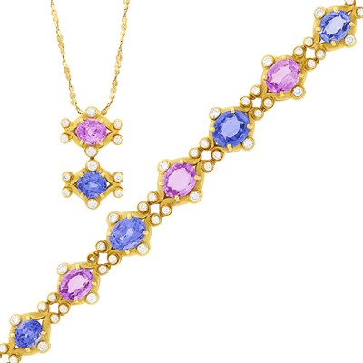 Lot 146 - Gold, Sapphire, Pink Sapphire and Diamond Bracelet and Pendant with Chain Necklace