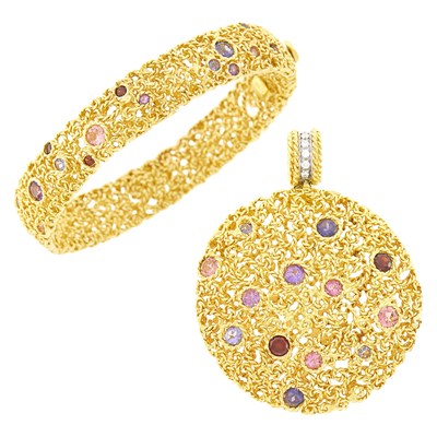 Lot 16 - Roberto Coin Gold and Gem-Set Bangle Bracelet and Pendant