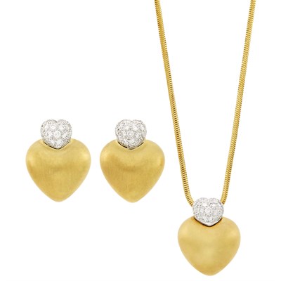 Lot 128 - Marlene Stowe Pair of Two-Color Gold and Diamond Earclips and Pendant with Snake Chain Necklace