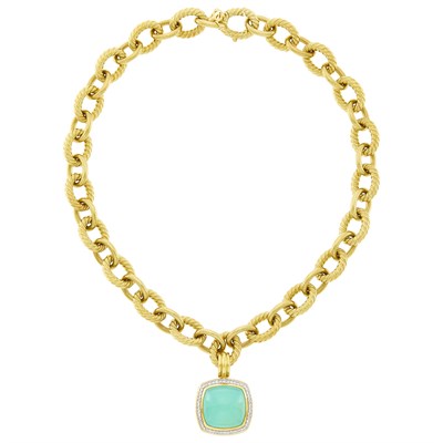 Lot 5 - David Yurman Gold Chain Necklace with Green Chrysoprase and Diamond Pendant