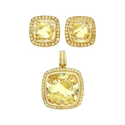 Lot 109 - David Yurman Pair of Gold, Citrine and Yellow Sapphire Earclips and Pendant