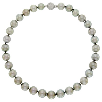 Lot 53 - Tahitian Gray Cultured Pearl Necklace with White Gold and Diamond Ball Clasp