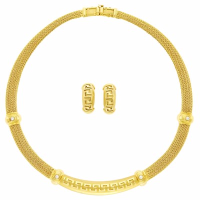 Lot 34 - Braided Gold and Diamond Mesh Necklace and Pair of Earclips