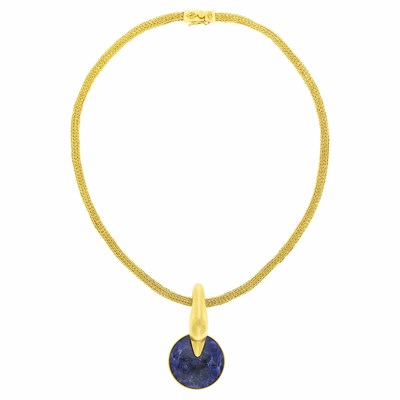 Lot 29 - Ilias Lalaounis Gold and Sodalite Pendant with High Karat Gold Mesh Necklace