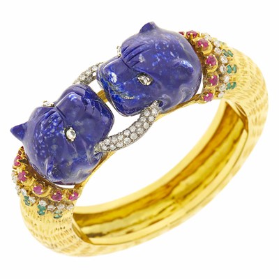 Lot 26 - Gold, Carved Lapis, Gem-Set and Diamond Bangle Bracelet