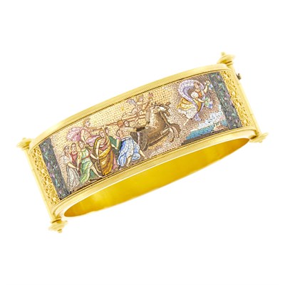 Lot 58 - Etruscan Revival Gold and Micromosaic Bangle Bracelet