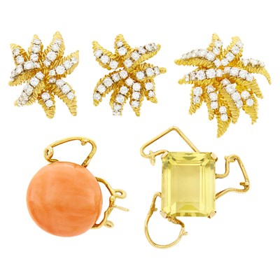 Lot 36 - Three Gold and Diamond Pins with Coral and Citrine Clip-Brooch Attachments