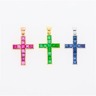 Lot 12 - Three Tricolor Gold, Emerald, Ruby and Sapphire Cross Pendants