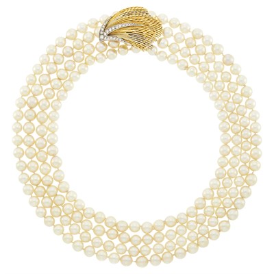 Lot 38 - Sterlé Paris Four Strand Cultured Pearl Necklace with Two-Color Gold, Platinum and Diamond Clasp