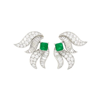 Lot 79 - Tiffany & Co. Pair of Platinum, Emerald and Diamond Earclips