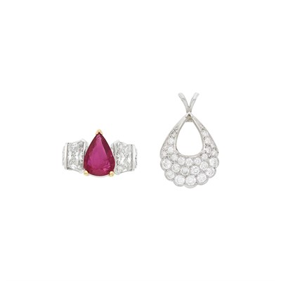 Lot 85 - Platinum, Gold, Ruby and Diamond Ring with White Gold and Diamond Pendant Mounting