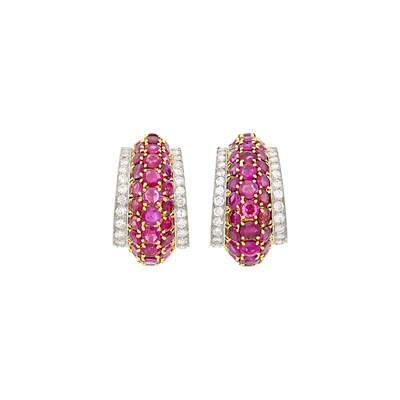 Lot 117 - Pair of Platinum, Gold, Ruby and Diamond Half-Hoop Earclips/Dressclips