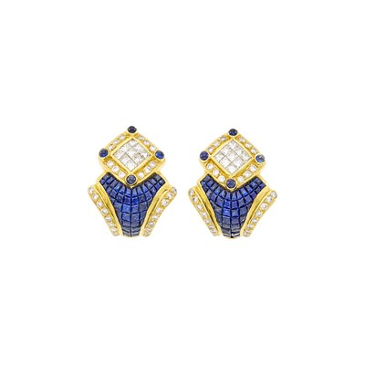 Lot 31 - Pair of Gold, Invisibly-Set Sapphire and Diamond Earclips