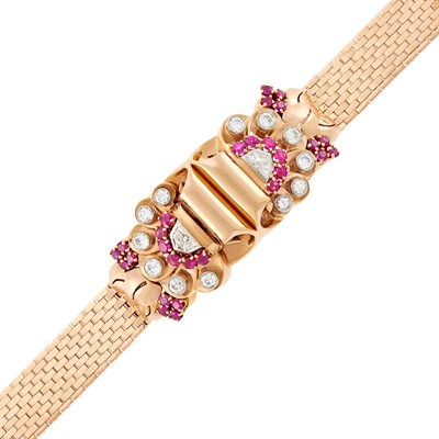 Lot 114 - Rose Gold, Platinum Ruby and Diamond Bracelet-Watch