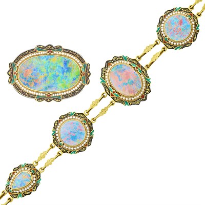 Lot 151 - Gold, Opal, Seed Pearl and Enamel Bracelet and Brooch
