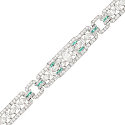 Lot 76 - Platinum, Diamond and Emerald Bracelet
