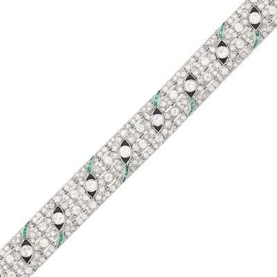Lot 84 - Platinum, Diamond, Emerald and Black Onyx Bracelet