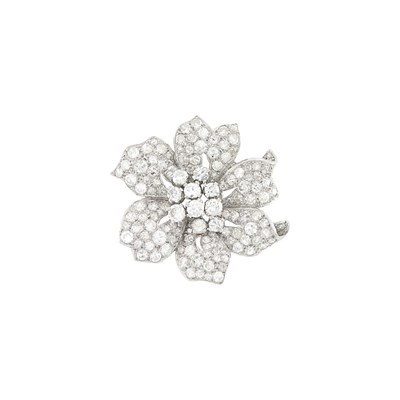 Lot 86 - Platinum and Diamond Flower Clip-Brooch