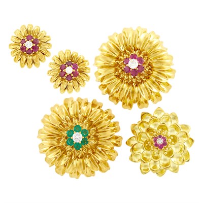 Lot 23 - Pair of Gold, Gem-Set and Diamond Flower Clip-Brooches and Earclips and Tiffany & Co. Gold, Ruby and Diamond Flower Brooch