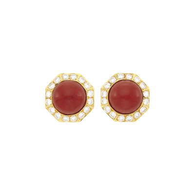 Lot 35 - Pair of Gold, Oxblood Coral and Diamond Earrings