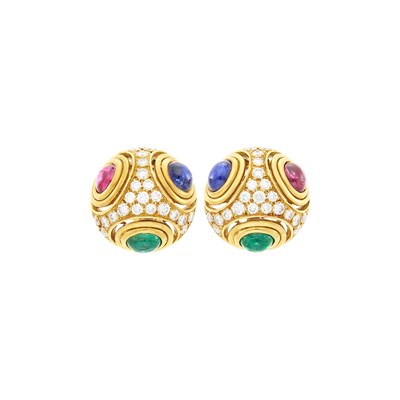 Lot 24 - Pair of Gold, Cabochon Emerald, Sapphire and Ruby and Diamond Earrings