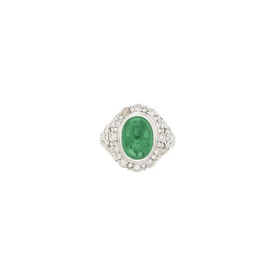 Lot 67 - Platinum, Cabochon Emerald and Diamond Ring