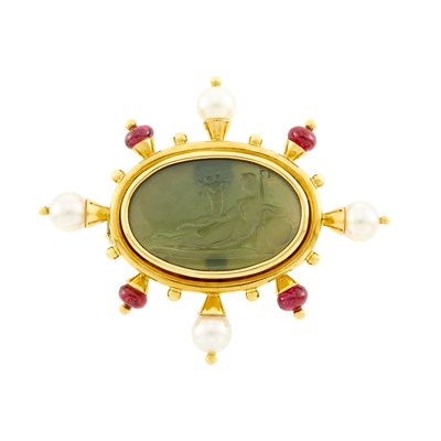 Lot 111 - Elizabeth Locke Gold, Green Glass Intaglio, Mother-of-Pearl, Cultured Pearl and Ruby Bead Clip-Brooch