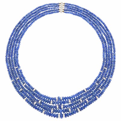 Lot 147 - Five Strand Sapphire Bead, White Gold and Diamond Necklace