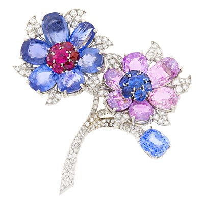 Lot 107 - Platinum, Sapphire, Pink Sapphire, Ruby and Diamond Flower Double Clip-Brooch