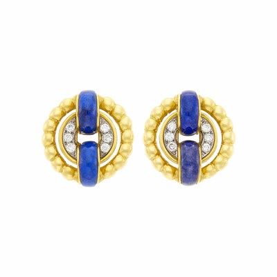 Lot 25 - Pair of Gold, Lapis and Diamond Earclips