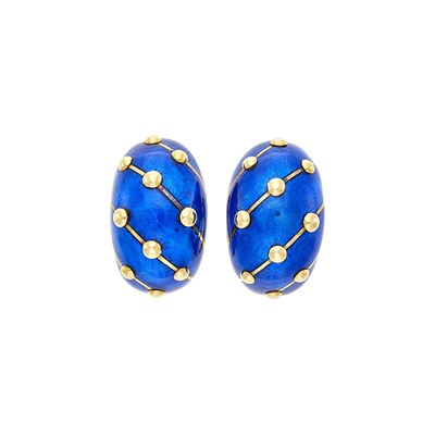 Lot 142 - Tiffany & Co., Schlumberger Pair of Gold and Blue Pailloné Enamel Earclips, France
