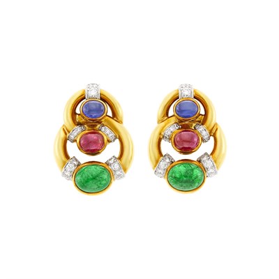 Lot 37 - David Webb Pair of Gold, Platinum, Cabochon Colored Stone and Diamond Earclips