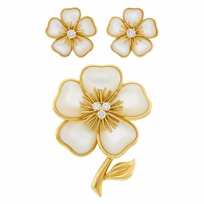 Lot 3 - Van Cleef & Arpels Gold, Mother-of-Pearl and Diamond 'Clematis' Clip-Brooch and Pair of Earclips, France