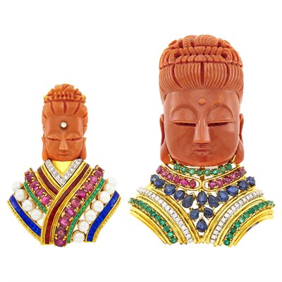 Lot 27 - Two Gold, Carved Coral, Colored Stone, Diamond, Cultured Pearl and Enamel Brooches