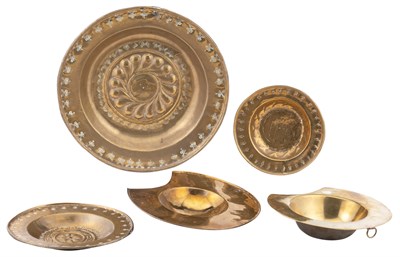 Lot 1333 - Three Brass Alms Dishes; Together with Two...