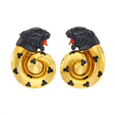 Lot 5 - Elizabeth Gage Pair of Gold, Carved Black Onyx, Coral and Black Enamel Panther Earclips