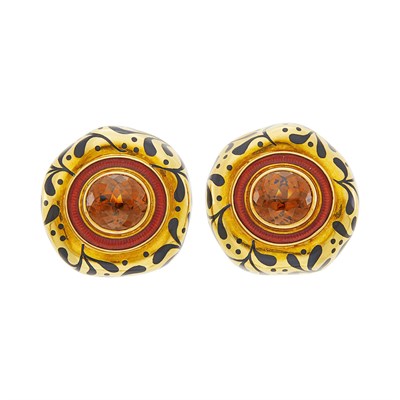 Lot 7 - Elizabeth Gage Pair of Gold, Citrine and Enamel 'Orlov' Earclips