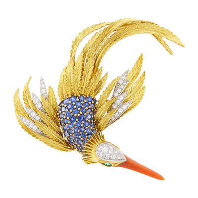 Lot 126 - Cartier Gold, Platinum, Coral, Diamond and Sapphire Bird Clip-Brooch, France