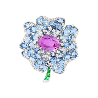Lot 182 - Verdura Platinum, Pink Topaz, Aquamarine, Emerald and Diamond Flower Clip-Brooch