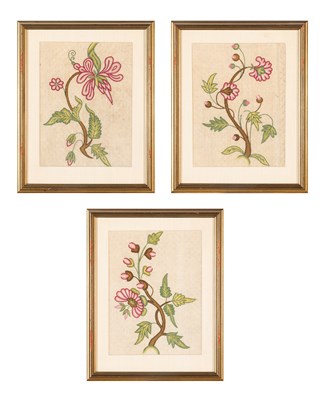 Lot 1261 - Set of Three Framed Crewel Embroidered Panels...