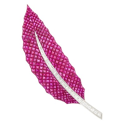 Lot 104 - White Gold, Invisibly-Set Ruby and Diamond Feather Clip-Brooch