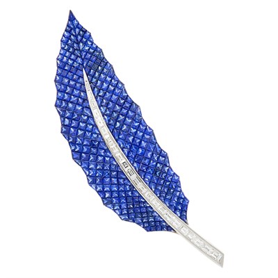 Lot 105 - White Gold, Invisibly-Set Sapphire and Diamond Feather Clip-Brooch