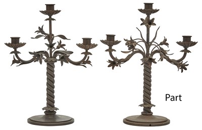 Lot 327 - Set of Four Patinated Iron Three-Light...