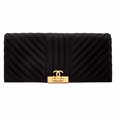Lot 187 - Chanel Black Satin Pleated Chevron Flip Lock Clutch