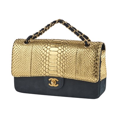 Lot 183 - Chanel Black Suede and Gold Python Double Flap Bag