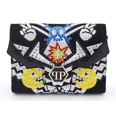 Lot 1314 - Philipp Plein Black Leather, Velvet and Crystal Embellished Flap Bag