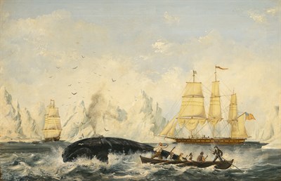 Lot 1 - American School 19th century Whaling Amongst...