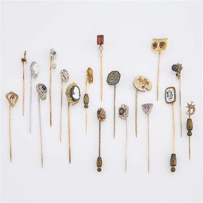 Lot 79 - Eighteen Two-Color Gold, Gilt-Metal, Silver, Diamond and Gem-Set Stick Pins
